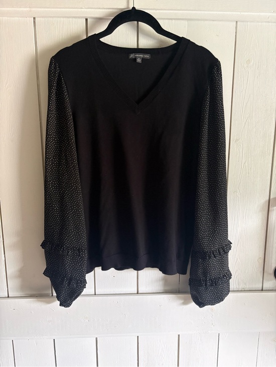 Adrianna Papell Tops - Adrianna Papell Black V-Neck Pullover with Polka-Dot Chiffon Sleeves